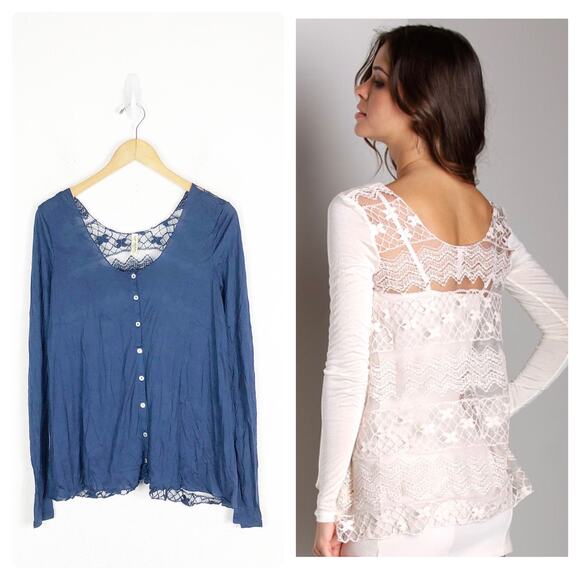 Free People Easy Breezy Jersey Lace Back Tee Smal Navy Blue Long Sleeve - Picture 1 of 13